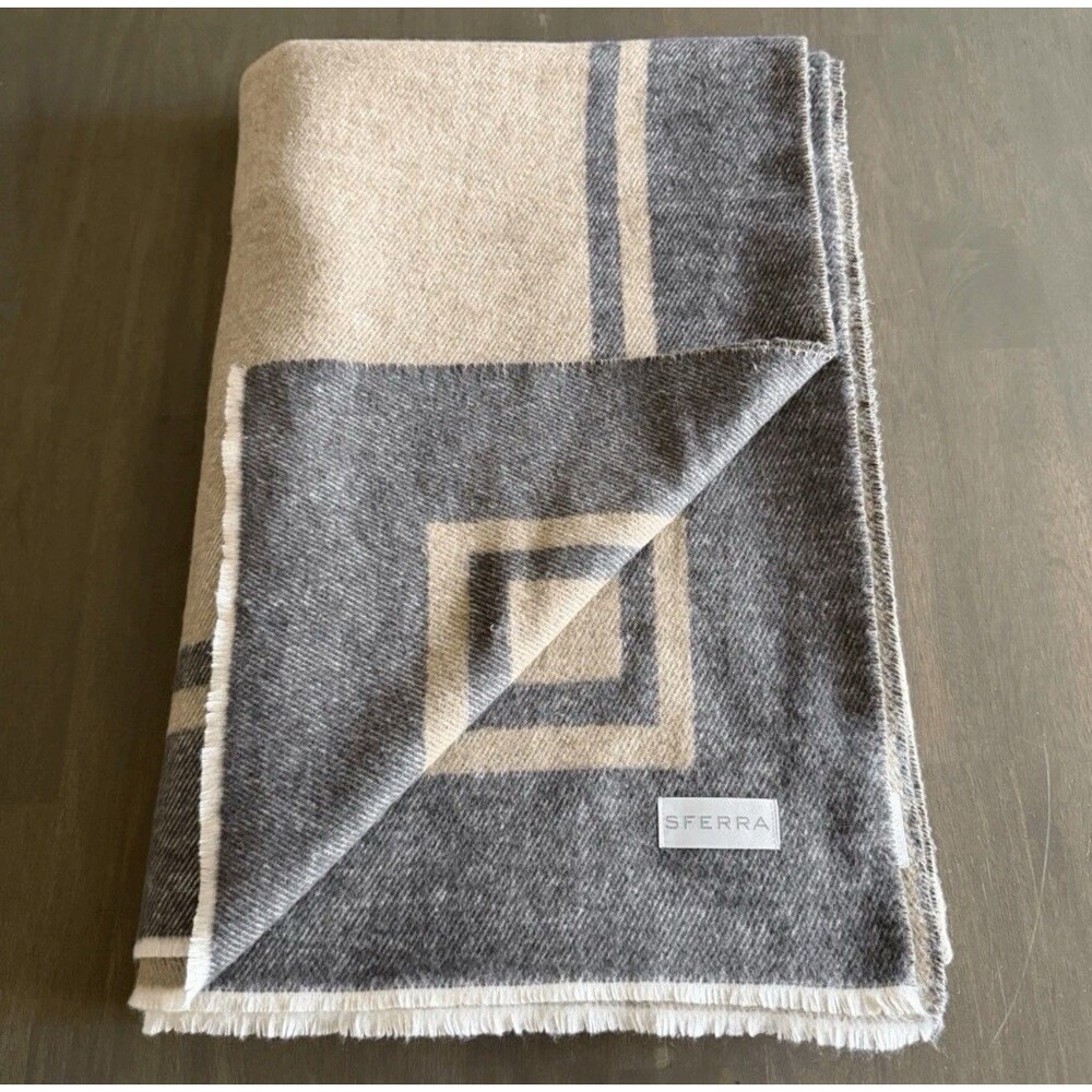 Sferra Fine Linens Viletta Throw Blanket Gray Tan 53x78 Cashmere Wool Cotton Bld